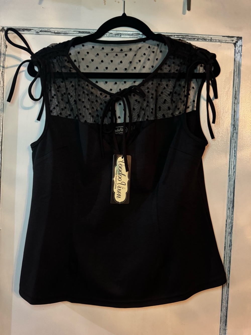 Voodoo Vixen Black Sheer Heart Yoke Tie-Strap Camisole